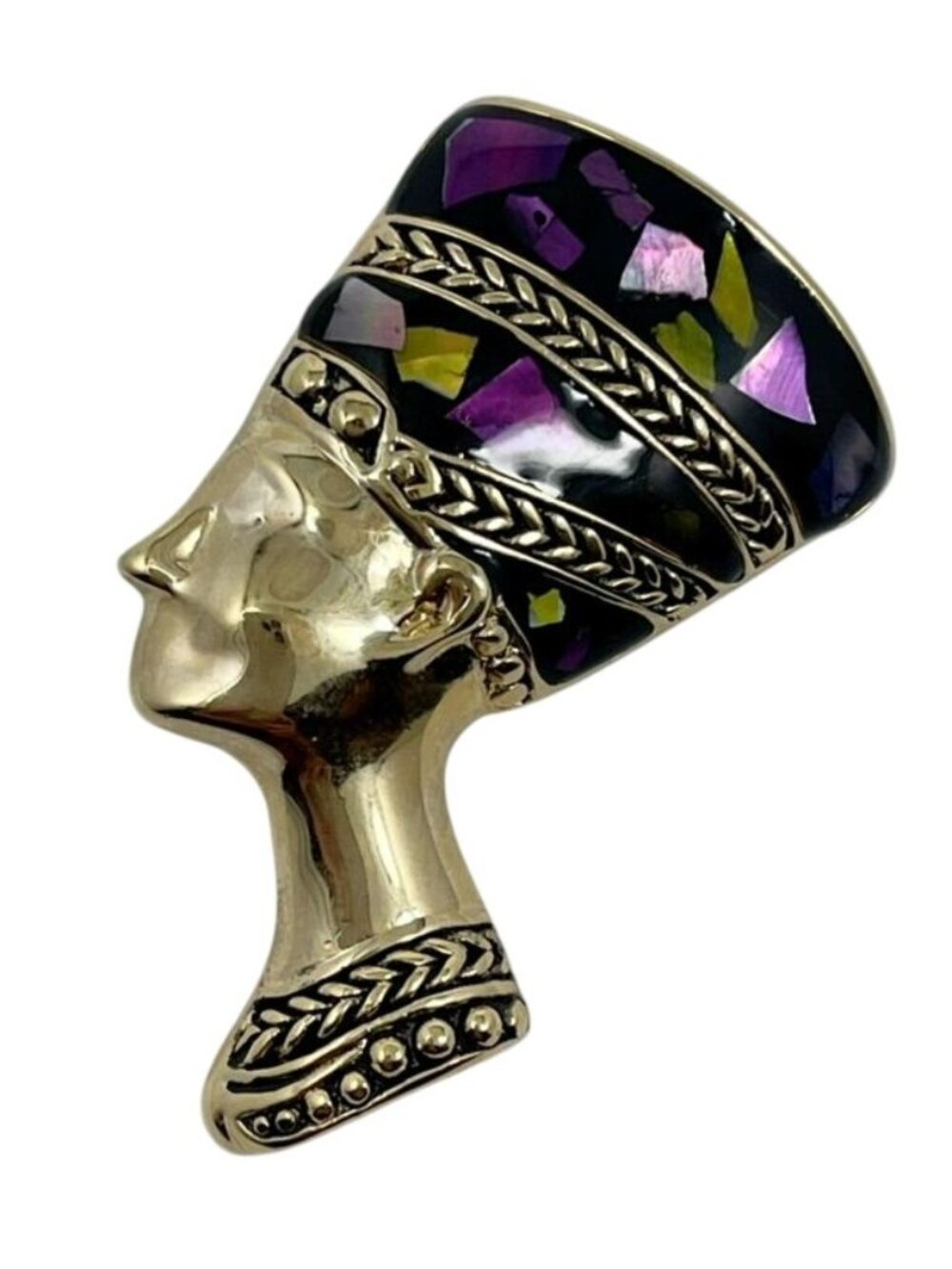 Vintage Nefertiti Egyptian Revival Gold Tone Mosaic Brooch Pin